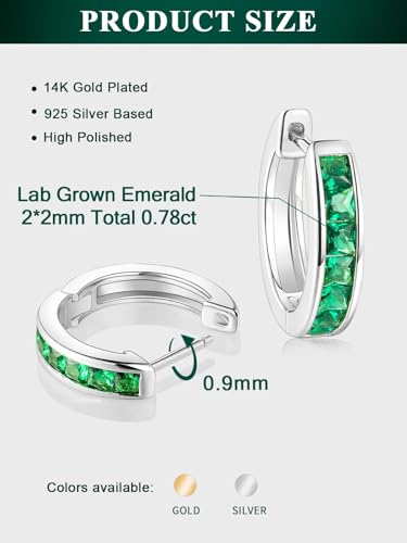 Chunky Emerald Sapphire Ruby Hoop Earrings, Princess or Round Cut, 14k Yellow Gold Plated Sterling Silver Cubic Zirconia Huggie Earings Minimalist Hoops Earrings for Women Wedding Daily Birthday - style: Princess cut -Emerald -Silver