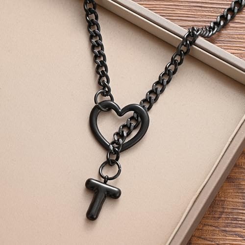 sroyte Black Heart Slip Chain Initial Necklaces for Women,Stainless Steel O-Ring Adjustable Lariat Heart Y-Necklace,Punk Gothic Cuban Collar Choker Necklace for women - color: Black T