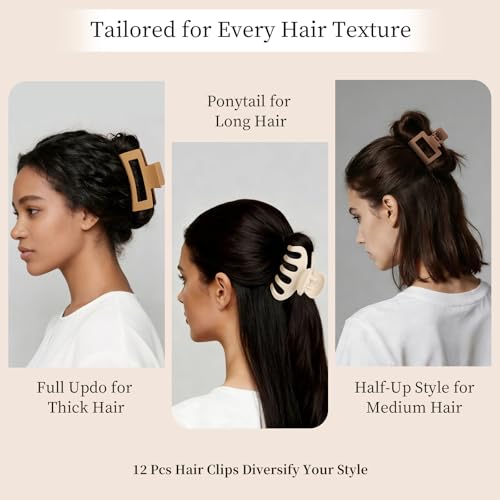 Small Medium Claw Clips for Women, 3 Styles Hair Clips for Thick Thin Hair | Hair Claws Non-slip Strong Hold, 12 Pcs, White, Khaki, Brown, Black - color: White,Khaki,Brown,Black