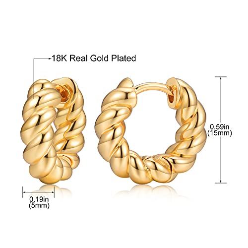Small Huggie Hoop Earrings For Women, Real Gold Plated Croissant Square Round Earrings Lightweight Everyday Jewelry Hypoallergenic for Sensitive Ears - color: Gold Slim Twist