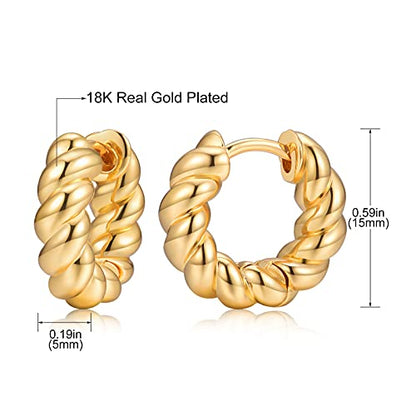 Small Huggie Hoop Earrings For Women, Real Gold Plated Croissant Square Round Earrings Lightweight Everyday Jewelry Hypoallergenic for Sensitive Ears - color: Gold Slim Twist