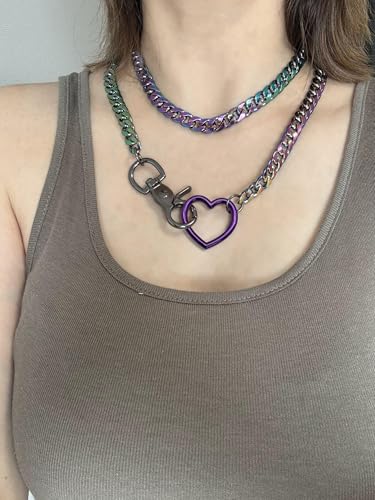 paloli Women's Slip Chain Rainbow Heart O-Ring Chunky Chain Necklace, Rays Cuban Long Layered Jewelry, Adjustable Lariat Y-Necklace Heart Loop Choker - color: H-Heart-Rainbow-Purple