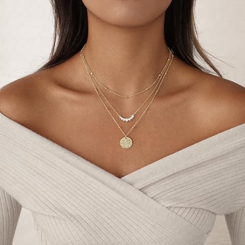 Layered Gold Necklace Set for Women Dainty Waterproof Cute Choker | 14K Gold Plated Minimalist Non Tarnish Lightweight CZ Pendant Pearl Twist Paperclip Chain Jewelry Gifts - style: 3PCS-Zircon round pendant-GD