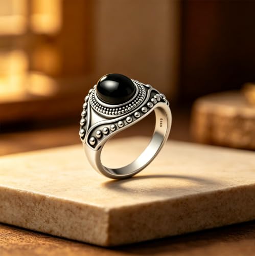Retro Eye Shape Punk Ring, Jade Agate Natural Gemstone, S925 Sterling Silver, Wide Band, Cocktail Party Bohemian Jewelry for Women - color: Ring_B