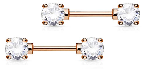 Forbidden Body Jewelry 14g 1/2 Inch (12mm) Surgical Steel & Gold Plated CZ Crystal Front Facing Gemmed Nipple Ring Barbell Set - style: Rose Gold Plated Clear