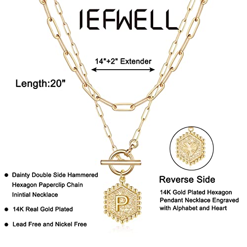 IEFWELL Layered Gold Necklaces for Women, Letter A-Z Initial Necklaces | Necklaces for Women Girls, 14K Gold Plated, Paperclip Chain Necklace, Toggle Clasp Layered Necklace, Jewelry Birthday Gift - size: 14"+2"/20", style: P