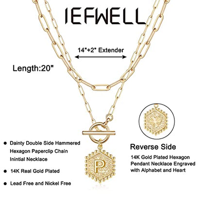 IEFWELL Layered Gold Necklaces for Women, Letter A-Z Initial Necklaces | Necklaces for Women Girls, 14K Gold Plated, Paperclip Chain Necklace, Toggle Clasp Layered Necklace, Jewelry Birthday Gift - size: 14"+2"/20", style: P