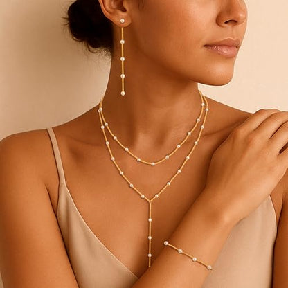 Zeffy Gold Pearl Necklace for Women, Dainty 14K Gold/Silve Plated Layered Pearl Choker Pearl Earrings Pearl Bracelets Wedding Trendy Gold Jewelry Set for Women Gifts - style: Gold Pearl Y Necklace&Drop Earrings&Bracelet-3PCS
