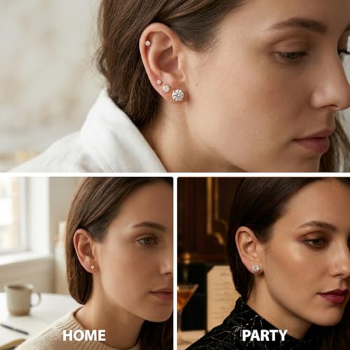 6/12 Pairs Silver Gold Stud Earrings Set for Women Men Cubic Zirconia 316L | Hypoallergenic, 14K Gold Plated Surgical Stainless Steel, 2 3 4 5 6 7 mm CZ Jewelry, Lightweight, Multiple Piercing - color: Sliver/6 Pair