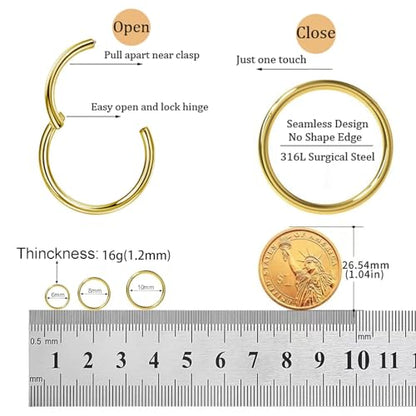 Small Gold Hoop Earrings, Lightweight 14K Gold Plated Huggie Hoop Earrings for Cartilage Helix Tragus, Hypoallergenic Earrings for Women Men, Tiny Thin Hoops Surgical Steel Endless Hoops Earrings 6-10 mm - color: 6/8/10mm Hoop Gold-16g