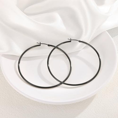 Gold Hoop Earrings for Women 14K Gold Plated | 925 Sterling Silver Post Hypoallergenic Hoop Earrings - color: Black, size: 70mm