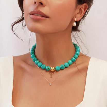 Multicolor Chunky Beaded Necklace, Statement Colorful Round Ball Beads Choker Necklace with Gold-Tone Adjustable Chain, Fashion Bold Neck Jewelry for Women - color: 16mm-Turquoise
