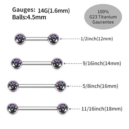 14G Nipple Rings Titanium Nipple Jewelry for Women Bridge Piercings | 1 Pair Nipple Bars,Hypoallergenic Nipple Barbells,Internally Threaded Nipple Piercings,Tongue Rings,Straight Barbells - color: Styele5:Vitrail Medium CZ,Silver, size: 14G+5/8"(16mm)