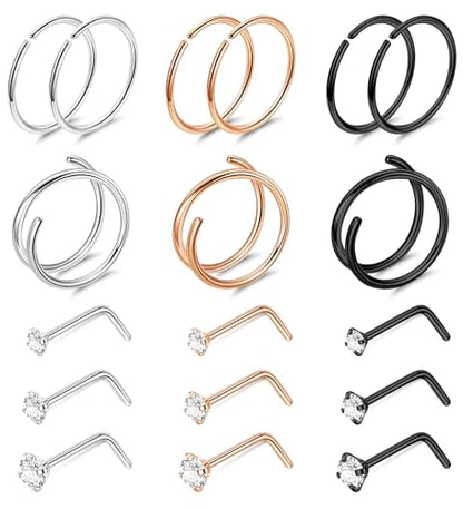 22G 18Pcs G23 Titanium Nose Rings Hoops for Sensitive Skin Double Nose Rings L Shaped Nose Studs Hypoallergenic Nose Piercings Jewelry - color: Silver+Rose gold+Black