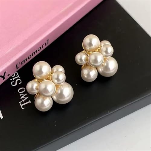 Gold Plated Pearl Flower Stud Earrings for Women - Faux Pearl Cluster Statement Earrings, Hypoallergenic Floral Studs, Elegant Jewelry for Wedding & Everyday Wear