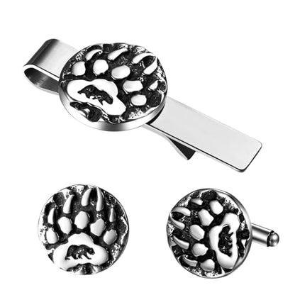 Mens Viking Cufflinks and Tie Clip: Norse Viking Tuxedo Shirt Cuff Links and Cool Tie Clip Shirt Accessories for Business Valentines Christmas Birthday - style: Bear Claw Cufflink and Tie Clip