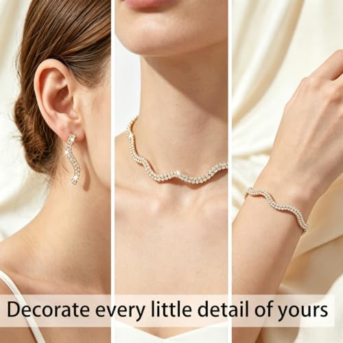 Rhinestone Bridal Jewelry Set, Choker Necklace Earrings Bracelet, Formal Wedding Prom Accessories for Women and Brides - color: Golden