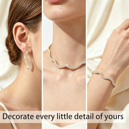 Rhinestone Bridal Jewelry Set, Choker Necklace Earrings Bracelet, Formal Wedding Prom Accessories for Women and Brides - color: Golden