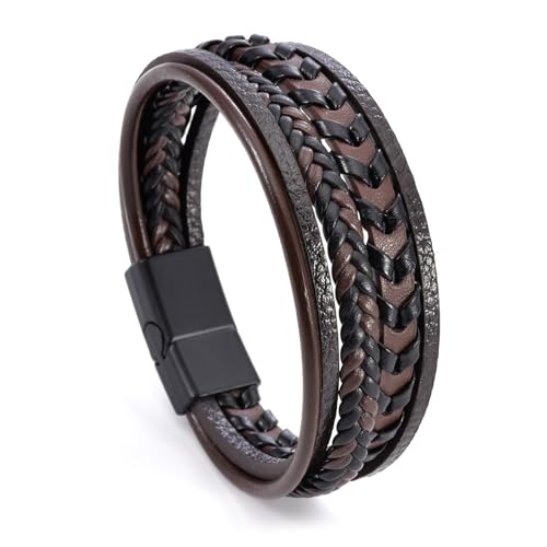 Mens Leather Bracelet Multi-Layer Braided Bracelet Wristband Father's Day Birthday Jewelry Gifts 8.5" Classic Bracelet with Stainless Steel Buckle - color: brown