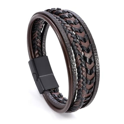 Mens Leather Bracelet Multi-Layer Braided Bracelet Wristband Father's Day Birthday Jewelry Gifts 8.5" Classic Bracelet with Stainless Steel Buckle - color: brown