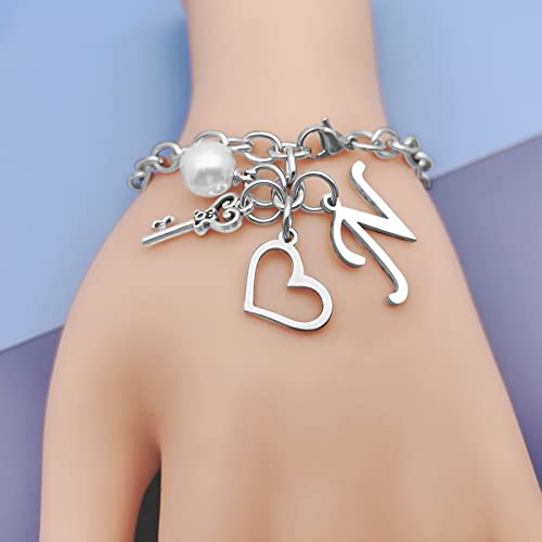 Initial A-Z Bracelets Gift for Women Girls Stainless Steel Chain Bracelet 26 Alphabet Jewelry Gifts for Birthday Anniversary Letter Bracelet Monogram Gifts for Sister Friend Girlfriends Mom 8.26 Inch - color: N