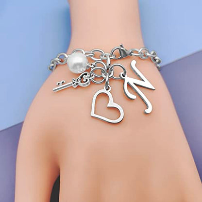 Initial A-Z Bracelets Gift for Women Girls Stainless Steel Chain Bracelet 26 Alphabet Jewelry Gifts for Birthday Anniversary Letter Bracelet Monogram Gifts for Sister Friend Girlfriends Mom 8.26 Inch - color: N