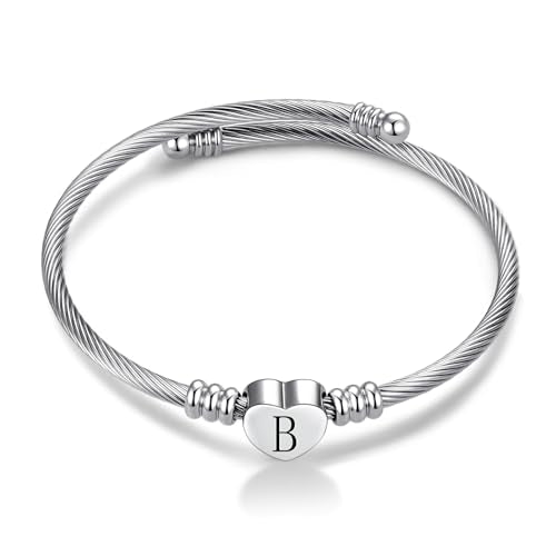 Women Initial Heart A-Z Letter Cuff Bracelet Personalized Name Expandable Wristband Bangle Bracelets Stainless Steel Birthday Jewelry - style: B