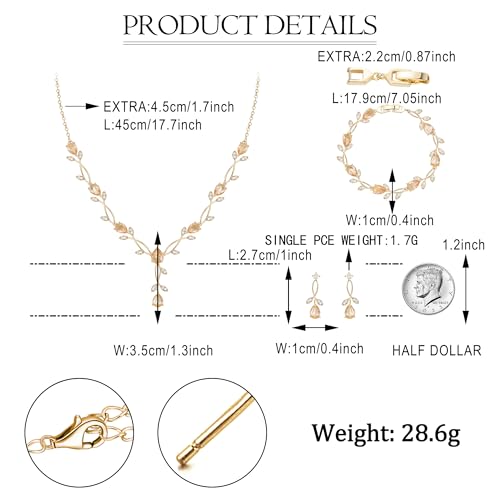 EVER FAITH Cubic Zirconia Pearl Leaf Bridal Jewelry Set for Bride Women | White Wedding Prom Necklace Dangle Earrings Bracelet, for Bridesmaid - color: CZ_Champagne Gold-Plated-Brass