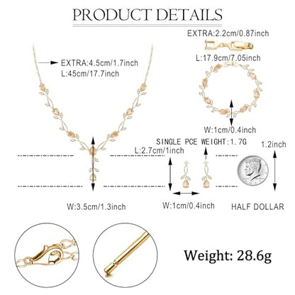 EVER FAITH Cubic Zirconia Pearl Leaf Bridal Jewelry Set for Bride Women | White Wedding Prom Necklace Dangle Earrings Bracelet, for Bridesmaid - color: CZ_Champagne Gold-Plated-Brass