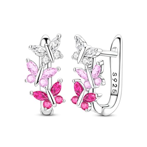 Parmuz 925 Sterling Silver Butterfly Huggies Hoop Earrings for Woman | Gold Plated Cubic Zirconia Star Moon cross Twisted huggie Hoop Post Chunky Small Tiny cuff Snake Heart Earring Gift for Her - color: Pink silver