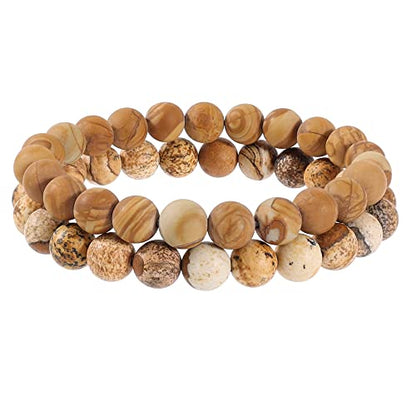 Bivei Natural Crystals Gemstone Healing Stretchy Round Beaded Bracelet | 8MM Semi Precious Beads Bracelet, Handmade Spiritual Jewelry Gift for Women Men,Enhance Positive Energy - color: 8mm Wood Grain Jasper & Picture Jasper (Creativity), size: Medium: 6.