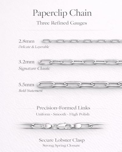 Paperclip Chain Necklace for Women | Sterling Silver or 14K Gold Plated | 2.8mm 3.2mm 5.5mm | 16–30 Inch Italian Link Layering Chain - color: Sterling Silver – 3.2mm