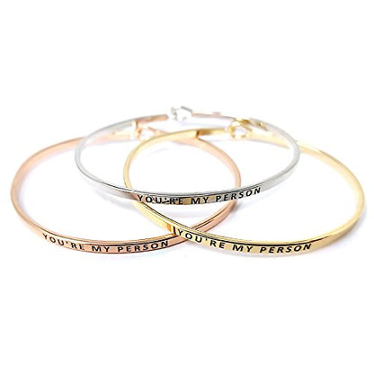 by you Inspirational Positive Message Engraved Thin Cuff Bangle Hook Bracelet - color: You're My Person-Silver