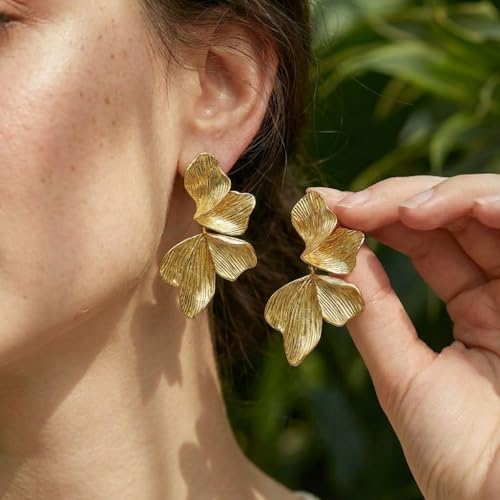 Chunky Gold Plated Flower Statement Drop Earrings for Women | Hypoallergenic 18K Gold Plated Textured Petal Wing, Large Statement Dangle Earrings for Wedding Party - color: Gold