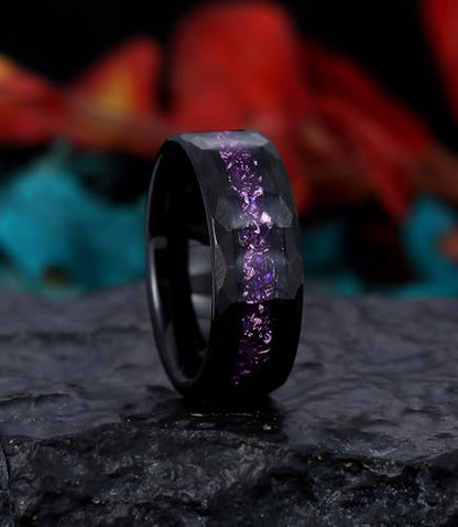8mm Black Tungsten Mens Wedding Band with Moss Agate/Emerald/Citrine | Amethyst/Aquamarine, Gothic, Birthstone, Hammered, Engagement Promise Ring, Anniversary Valentine Day Birthday Gift for Him - style: Amethyst