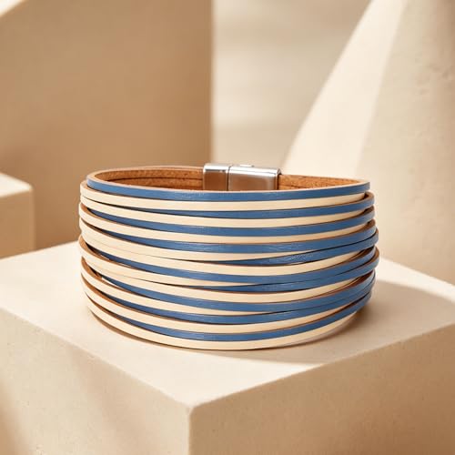 hotoo Leather Wrap Bracelet for Women - color: Blue and white