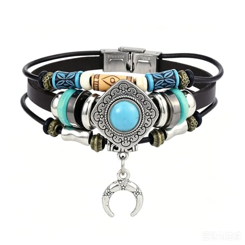 INENIMARTJ Western Turquoise Leather Wrap Bracelets for Men Women Boho Multilayer Turquoise Cuff Wrap Bracelet Western Bracelet Jewelry for Men and Woman - color: 22coffee