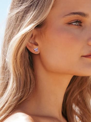 Suplight Butterfly Stud Earrings 925 Sterling Silver 14K Gold Brithstone Earrings for Women Brithstone Jewelry Gifts - color: 02.February ( Amethyst), size: Gold