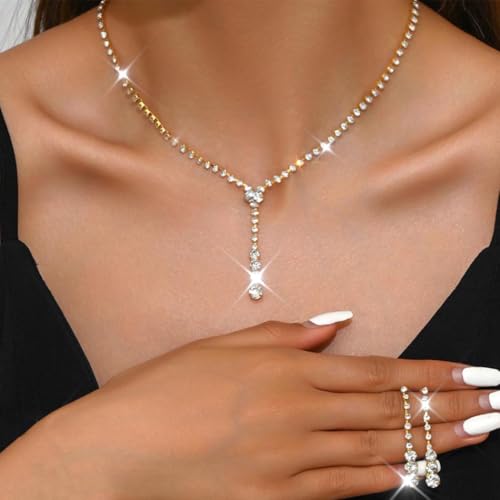 Bride Silver Bridal Necklace Earrings Set Crystal Wedding Jewelry Set Rhinestone Choker Necklace for Women and Brides - color: B Gold