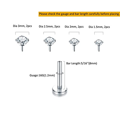 Oveta Threadless Push in Lip Rings 16G/18G/20G Labret Jewelry CZ Lip Studs Stainless Steel Cartilage Earrings for Women Monroe Medusa Piercing Jewelry 6/7/8/10/12mm Bar Length - color: Silver, size: 16G*8mm bar*1.5/2/2.5/3mm cz