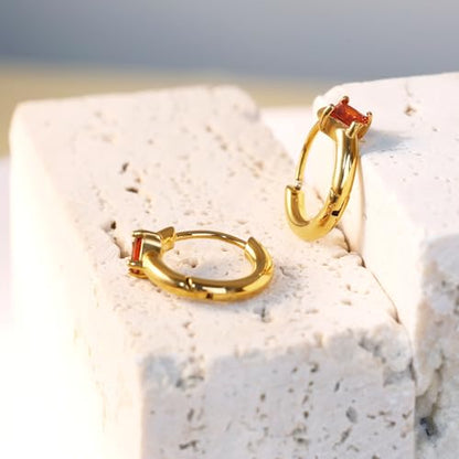 316L Surgical Steel Birthstone Hoop Earrings for Women | Lightweight, 5A Cubic Zirconia, Hypoallergenic, Lead & Nickel Free, 8mm Huggie Hoops - color: 18k gold-plated: 01. January (Garnet)