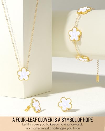 AICase Clover Jewelry Set,18K Gold Plated Lucky Clover Bracelet,Four Leaf Clover Necklace and Clover Earrings Fashion Jewelry Sets Gifts for Women/Mon - color: White