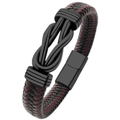 Mens Black Braided Leather Bracelet, Green/Red/Brown/Black Braided Leather Infinity Knot Bracelets for Men with Stainless Steel Clasp, 7.5/8.5/9in Length - color: 02-Black&Brown