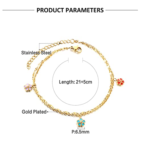 Anklet Bracelets for Women Stainless Steel, Gold Anklets Bracelet for Womens Double Layer Chain with Flower/Ladybug/Dragonfly Anklet for Summer Beach - color: Flower