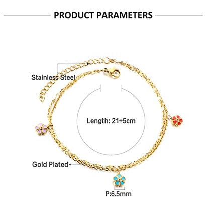 Anklet Bracelets for Women Stainless Steel, Gold Anklets Bracelet for Womens Double Layer Chain with Flower/Ladybug/Dragonfly Anklet for Summer Beach - color: Flower