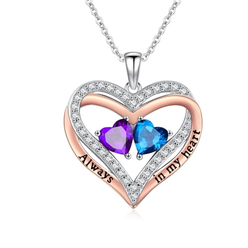 Heart Birthstone Necklace for Women 14K Rose Gold/White Gold Filled Overlapping Double Hearts Pendant Anniversary Valentine's Day Birthday Mother's Day Christmas Gifts for Wife Mom Daughter Her - color: 02-03-Feb-Mar Birthstone-A, style: Double-Layered Lo
