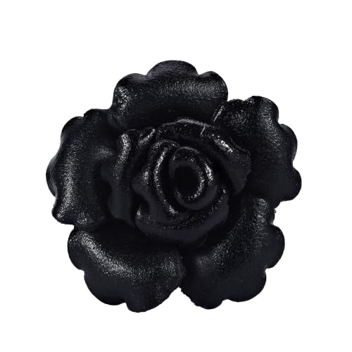 AeraVida Handmade Genuine Leather Blooming Rose Adjustable Statement Ring for Women | Classic Floral Free Size Fashion Ring in Red, Black, White or Pink | Summer Jewelry Gift - color: Black