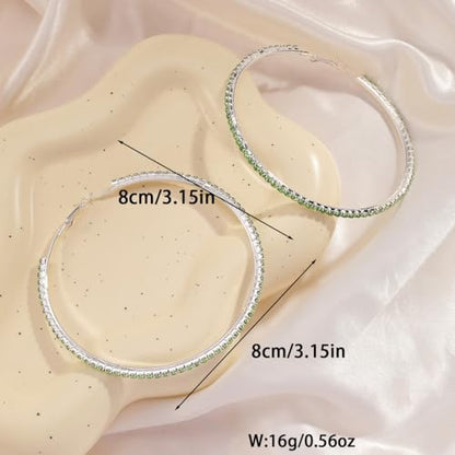 80mm Rhinestone Hoop Earrings for Women Sparkly Earrings Cubic Zirconia Circle Earring Exaggerated Prom Earring Large Rhinestones Round Hoop Earrings Silver Prom Jewelry for Party Wedding Birthday - color: Black