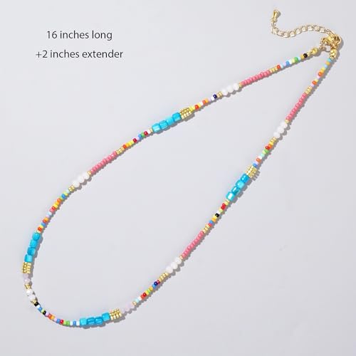 Gold Seed Beaded Necklaces for Women, Boho Handmade Adjustable Colorful Beads Choker Summer Beach Jewelry Gift. - color: Blue Pink