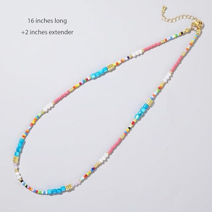 Gold Seed Beaded Necklaces for Women, Boho Handmade Adjustable Colorful Beads Choker Summer Beach Jewelry Gift. - color: Blue Pink